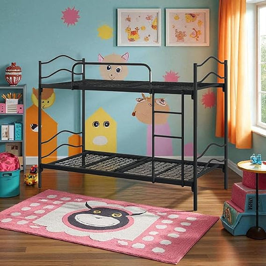Black metal bunk bed in a room with wooden