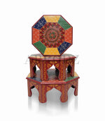Wooden Brass Plated Traditional Square Bajot Chowki (Set of 3) 