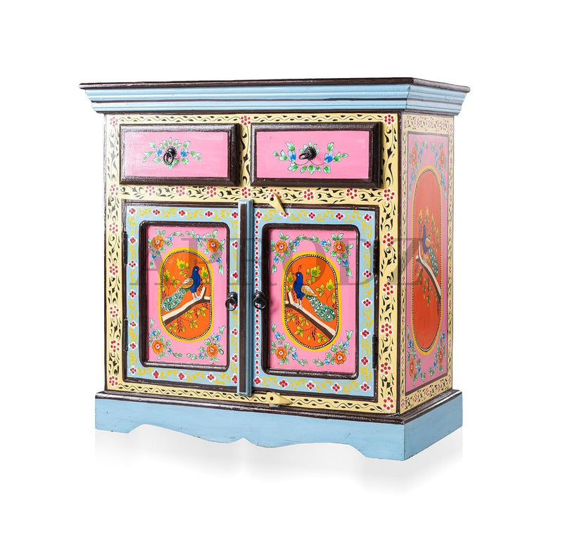 Wooden Handpainted Storage Cabinet with 2 Drawer (Multicolor) 