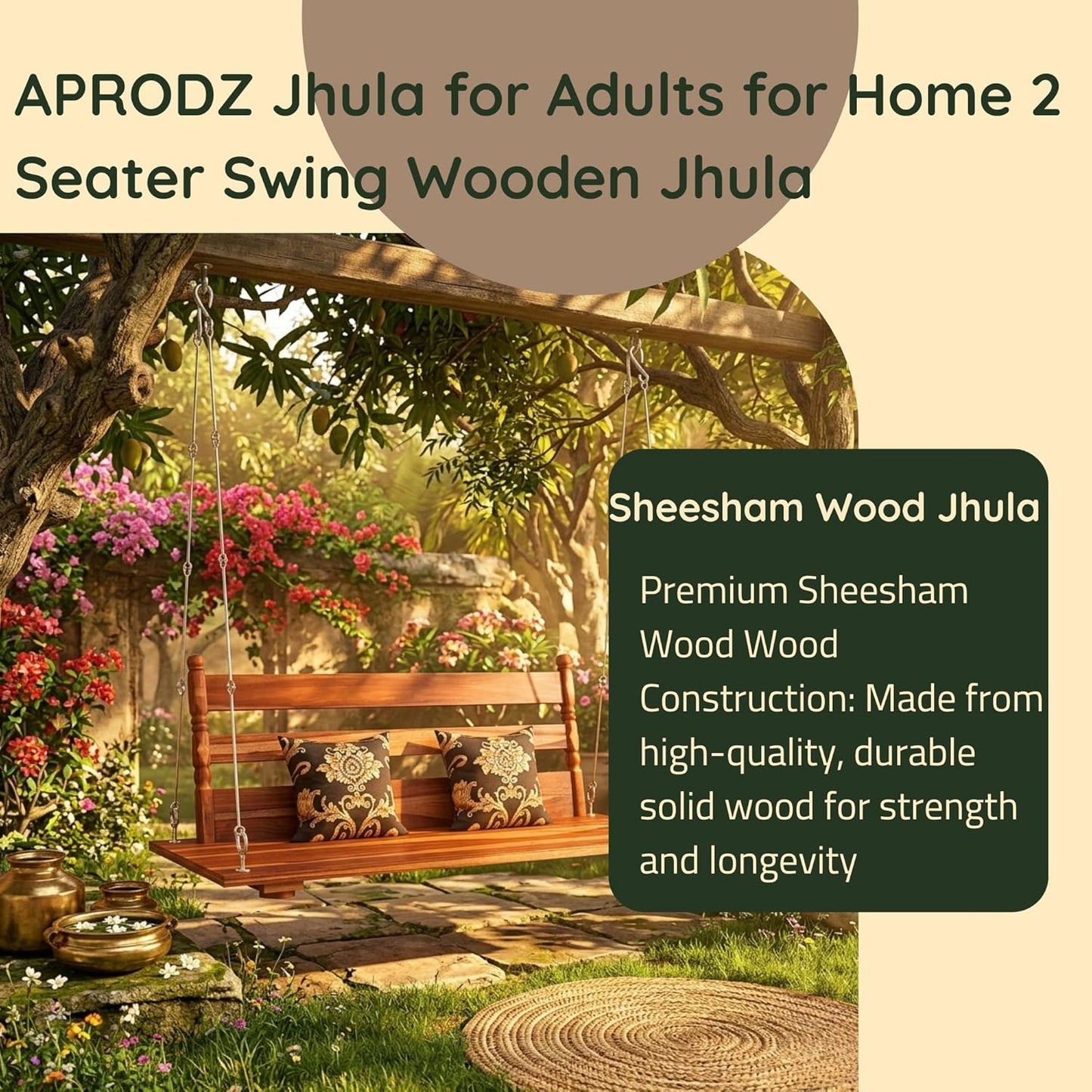 Jhula for Adults for Home 3 Seater Swing Wooden Jhula for Indoor Outdoor & Balcony Traditional Hammock House Swings Jhula| House Swings Backyard for Adults (52 Inches) 