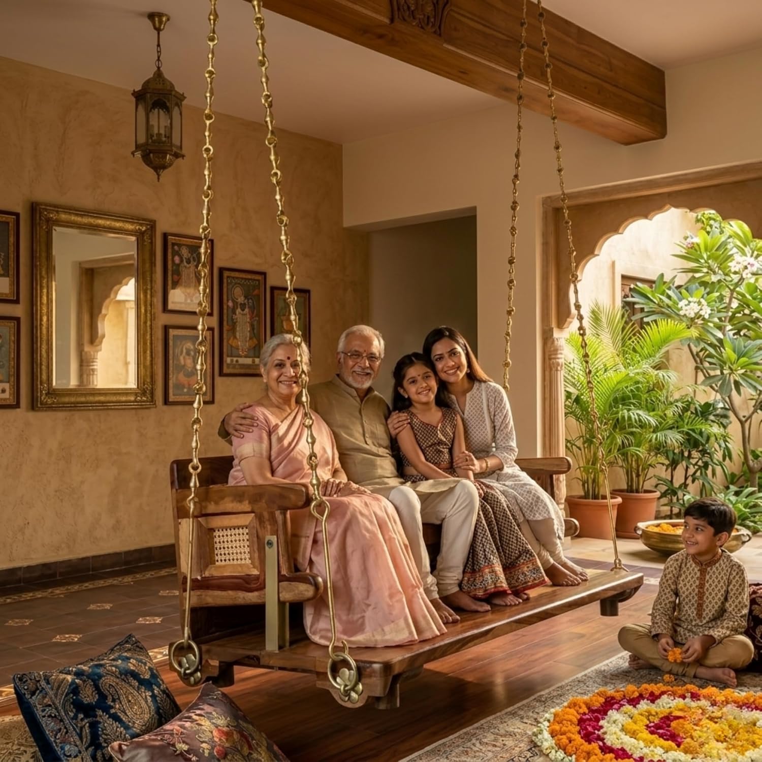 Jhula for Adults for Home Reversible Wooden Swing Jhula with Brass Chain for Indoor Outdoor Balcony Traditional Hammock House Backyard Swings for Adults (52 Inches, Honey Finish) 