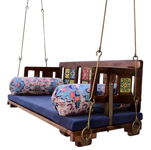 Reversible Wooden Swing Jhula with Brass Coated Chainfor Indoor Outdoor & Balcony | House Swings for Adults (52 Inches, Natural Finish) 
