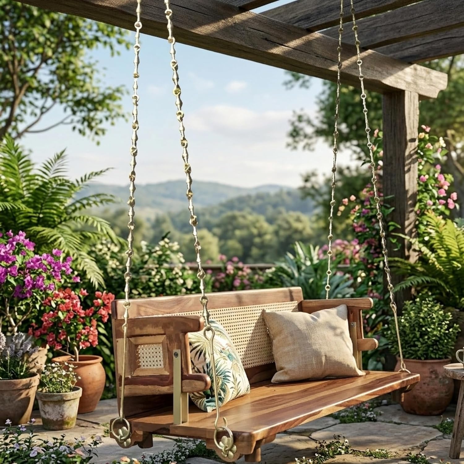 Jhula for Adults for Home Reversible Wooden Swing Jhula with Brass Chain for Indoor Outdoor Balcony Traditional Hammock House Backyard Swings for Adults (52 Inches, Honey Finish) 