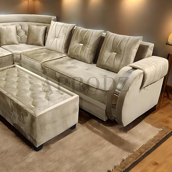 Modern L-Shaped Sectional Sofa Set, 6 Seater with Coffee Table and 2 Ottoman Stools, Tufted Velvet, Beige 