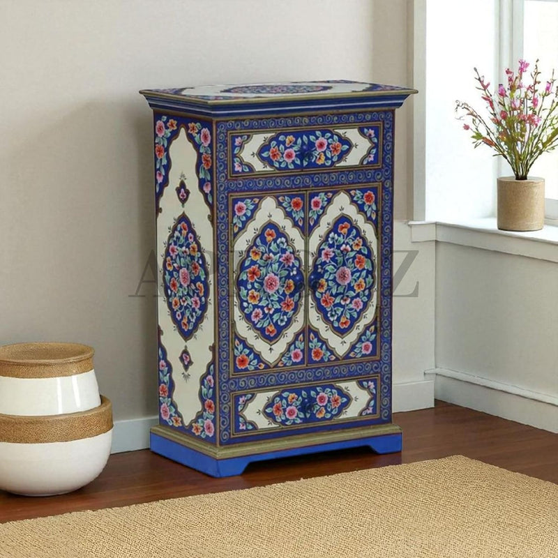 Wooden Handpainted Cabinet with Door and Drawer Storage for Living Room (Multicolor) 