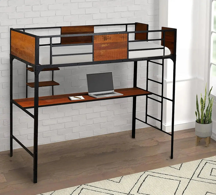 Translation missing: en.Ellison Twin Size Bunk Bed with Work Station (Wood + Metal - Light Walnut and Black) 
