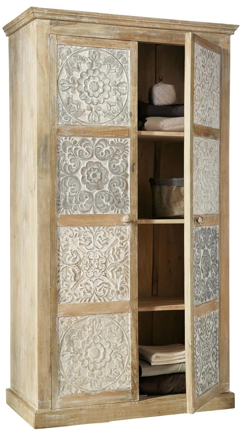 APRODZ Floreale Carved Mango Wood 2-Door Wardrobe Storage Almirah Cupboard for Cloths (White + Silver and Natural)