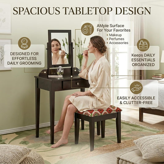 Translation missing: en.Acacia Wood Dressing Table with Portable Stool for Living Room (Espresso Finish) 