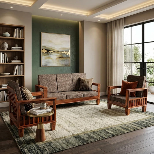 Kitarp Sheesham Wood Sofa Set 5 Seater Velvet Upholstered Sofa with Tufted Backrest Cushioned Seating Tipped Legs Couch for Living Room & Lounge (Suede) 