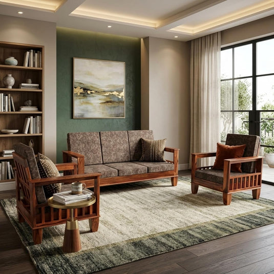 Translation missing: en.Kitarp Sheesham Wood Sofa Set 5 Seater Velvet Upholstered Sofa with Tufted Backrest Cushioned Seating Tipped Legs Couch for Living Room &amp; Lounge (Suede) 