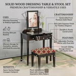 Acacia Wood Dressing Table with Portable Stool for Living Room (Espresso Finish) 