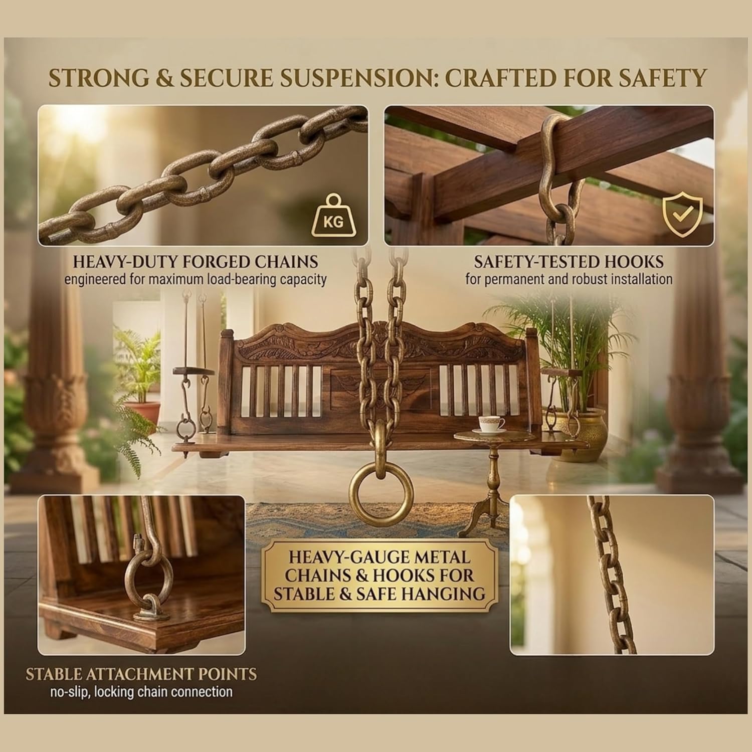 Wooden Jhula for Adults for Home Swing Jhula with Brass Chain and Carving for Indoor Outdoor & Balcony Traditional Hammock House Swings Jhula | House Backyard Swings for Adults (Honey Finish) 