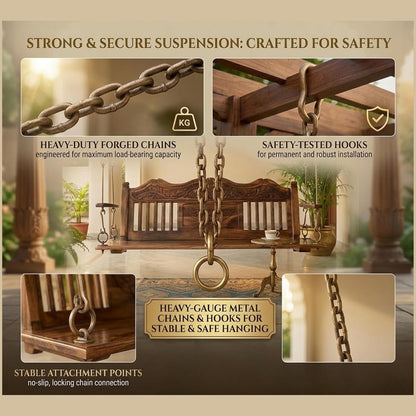 Wooden Jhula for Adults for Home Swing Jhula with Brass Chain and Carving for Indoor Outdoor & Balcony Traditional Hammock House Swings Jhula | House Backyard Swings for Adults (Honey Finish) 