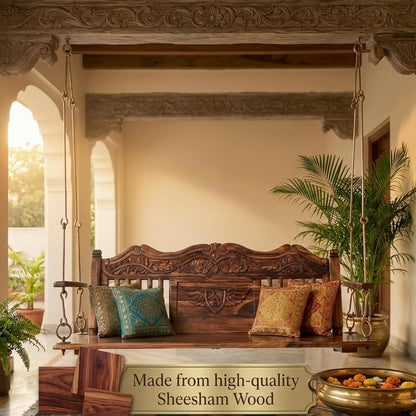 Wooden Jhula for Adults for Home Swing Jhula with Brass Chain and Carving for Indoor Outdoor & Balcony Traditional Hammock House Swings Jhula | House Backyard Swings for Adults (Honey Finish) 