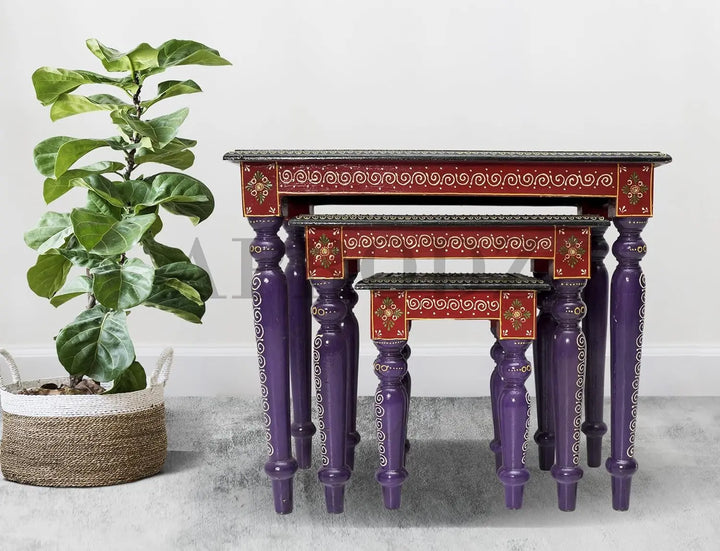 Translation missing: en.APRODZ Wooden Stool Cum Nesting End Table Pack of 3 Portable Bedside Tables for Living Room (Multicolor)