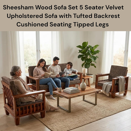 Kitarp Sheesham Wood Sofa Set 5 Seater Velvet Upholstered Sofa with Tufted Backrest Cushioned Seating Tipped Legs Couch for Living Room & Lounge (Suede) 