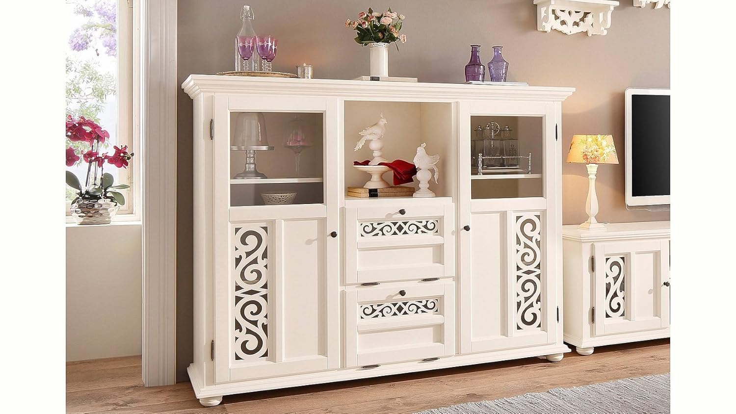 APRODZ Soild Wood Fora Sideboard Storage Cabinet for Living Room | White Finish