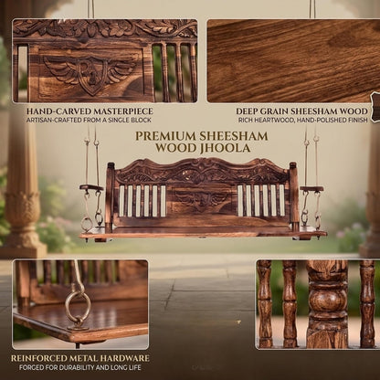 Wooden Jhula for Adults for Home Swing Jhula with Brass Chain and Carving for Indoor Outdoor & Balcony Traditional Hammock House Swings Jhula | House Backyard Swings for Adults (Honey Finish) 