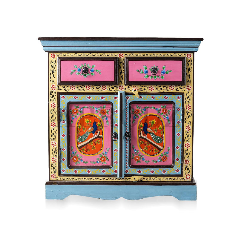 Wooden Handpainted Storage Cabinet with 2 Drawer (Multicolor) 