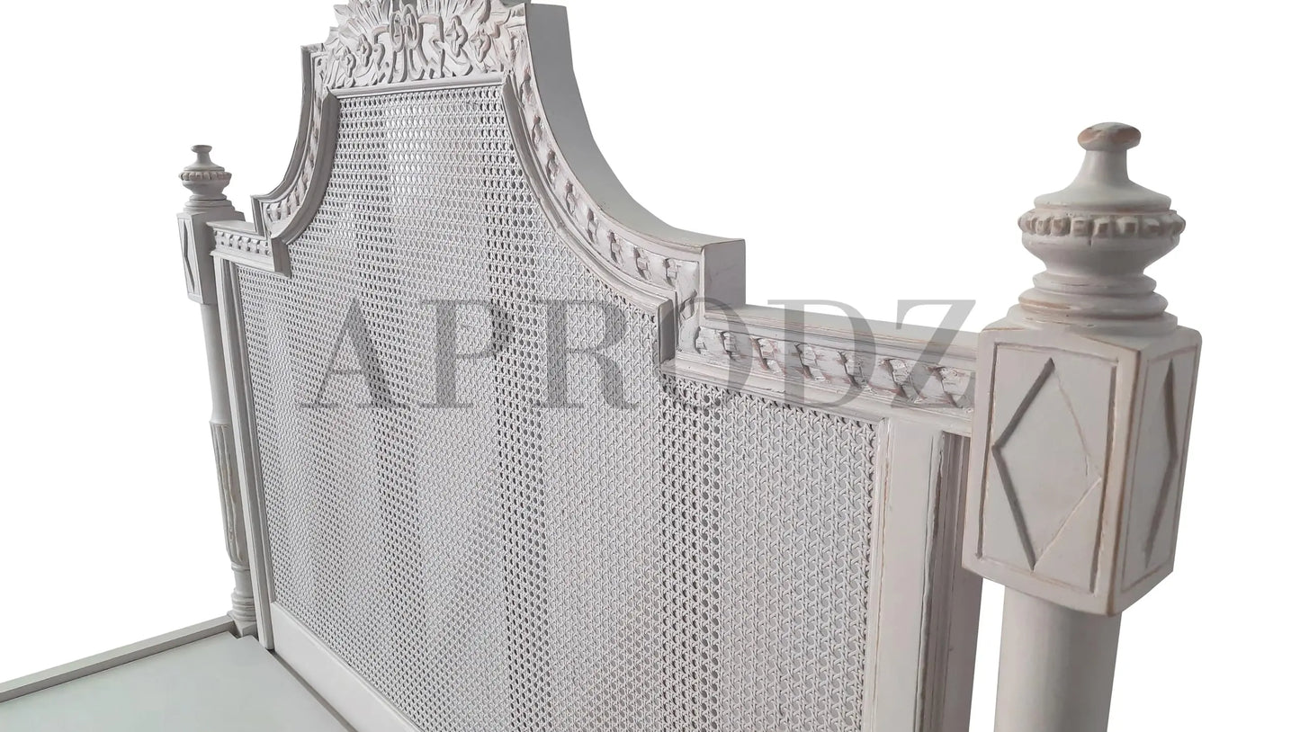 Hand-Carved French Cane Bed - Exquisite Artisan Design - Premium Queen Size Mango Wood in Light Grey 