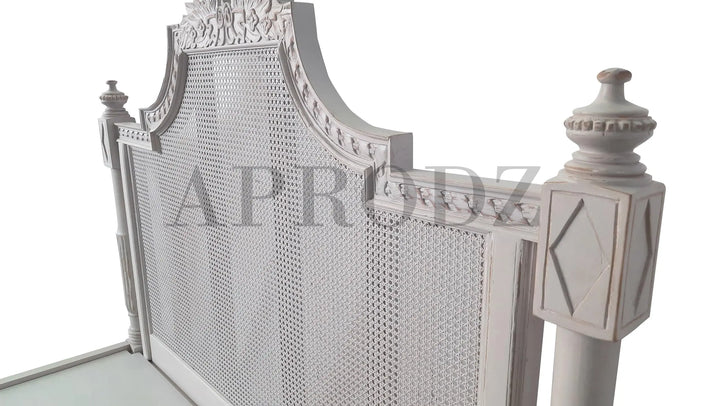 Translation missing: en.Hand-Carved French Cane Bed - Exquisite Artisan Design - Premium Queen Size Mango Wood in Light Grey 