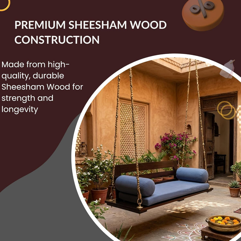 Sheesham Wood Jhula for Adults for Home Swing Jhula with Back Support and Stainless Steel Assessoriesfor Indoor Outdoor & Balcony Traditional Hammock House Swings Jhula (Walnut Finish) 