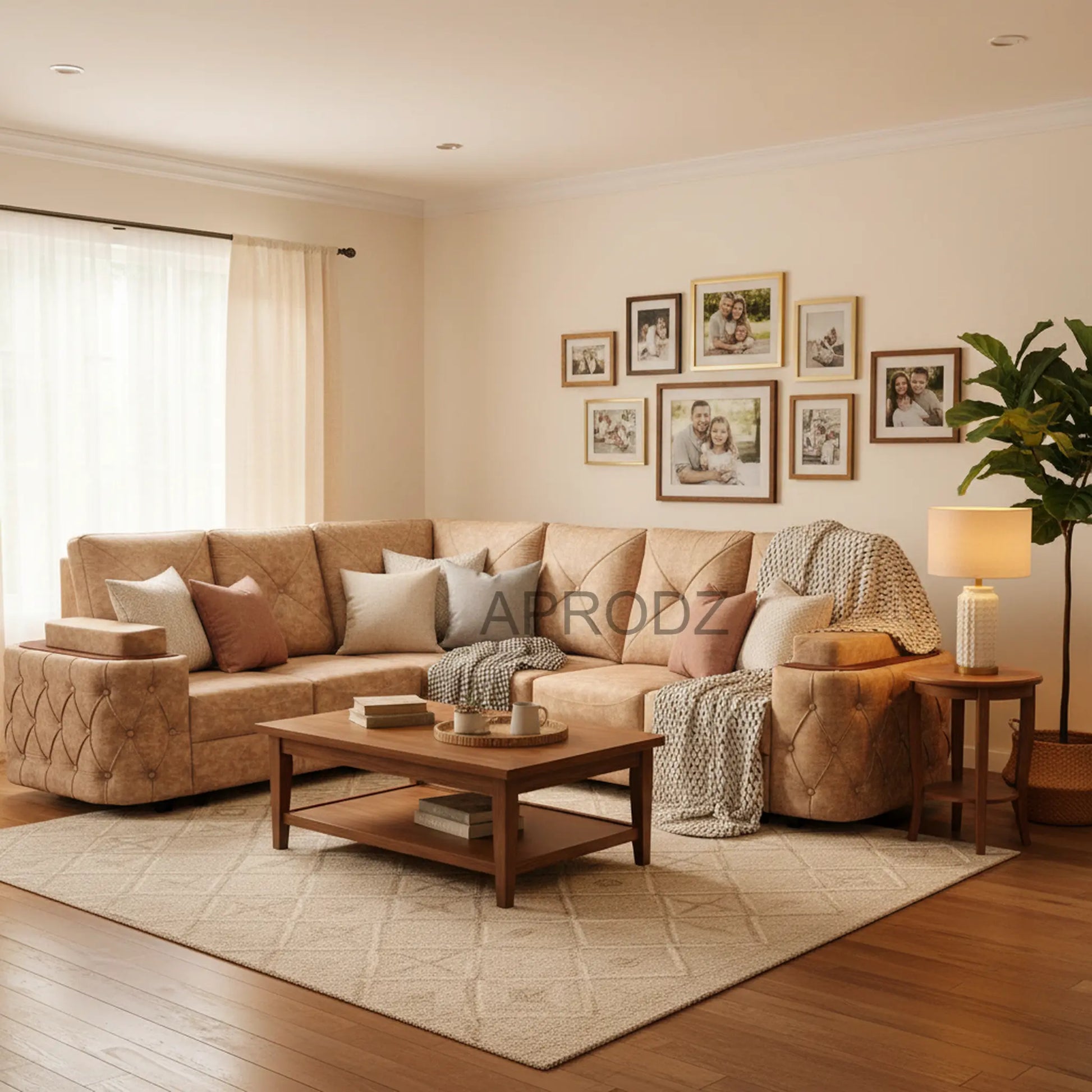 7-Seater Sofa with Padded Armrest, Premium Faux Leather Fabric Corner Sofa for Guests, Living Room, Drawing Room, Office & Lounge (Beige) 