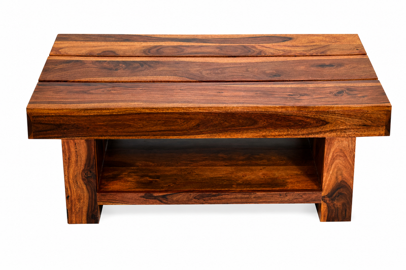 Solid Sheesham Wood Coffee Table in Teak Finish | Rustic Plank-Top Center Table with Bottom Storage Shelf for Living Room & Office Lounge | Heavy Duty Wooden Tea Table 