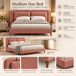 Dusty Rose Pink Upholstered Platform Bed with Panel Headboard & Wooden Legs – Textured Fabric Bed Frame 