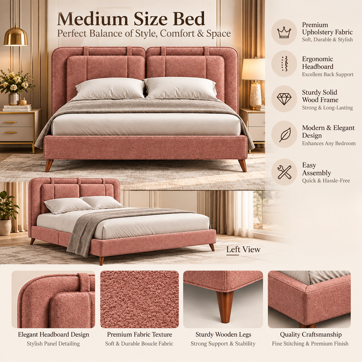 Translation missing: en.Dusty Rose Pink Upholstered Platform Bed with Panel Headboard &amp; Wooden Legs – Textured Fabric Bed Frame 