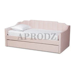 Blush pink Krease Daybed with Trundle Bed closed, featuring elegant velvet upholstery and vertical tufting.