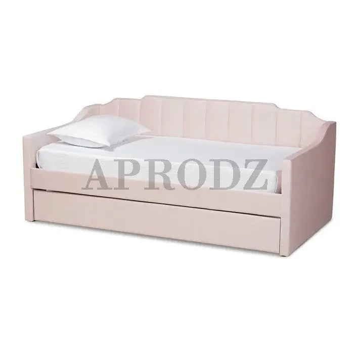 Translation missing: en.Blush pink Krease Daybed with Trundle Bed closed, featuring elegant velvet upholstery and vertical tufting