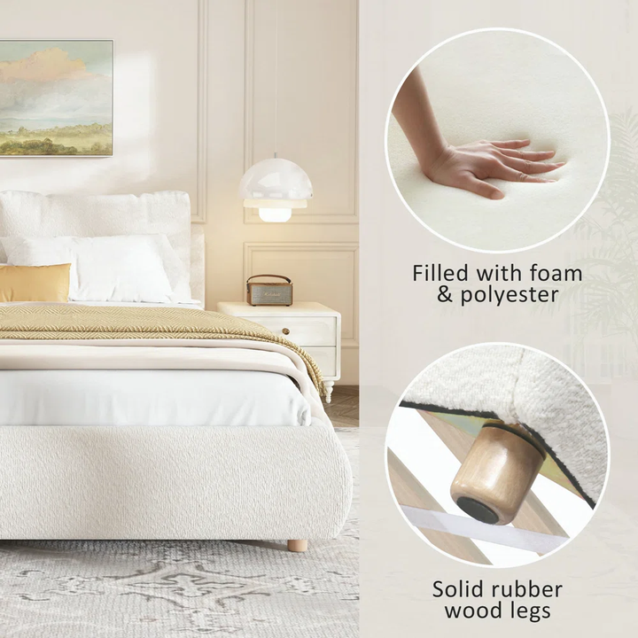 Translation missing: en.Boucle Fabric Upholstered Platform Bed with Two Removable Pillow Headboard, White Finish 