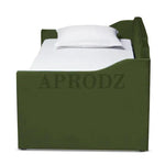 Side view of green Krease Upholstered Daybed with Trundle Bed, emphasizing its sleek profile and velvet upholstery.