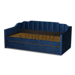Navy blue Krease Daybed frame without mattresses, showing internal structure and trundle compartment.