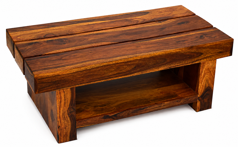 Solid Sheesham Wood Coffee Table in Teak Finish | Rustic Plank-Top Center Table with Bottom Storage Shelf for Living Room & Office Lounge | Heavy Duty Wooden Tea Table 