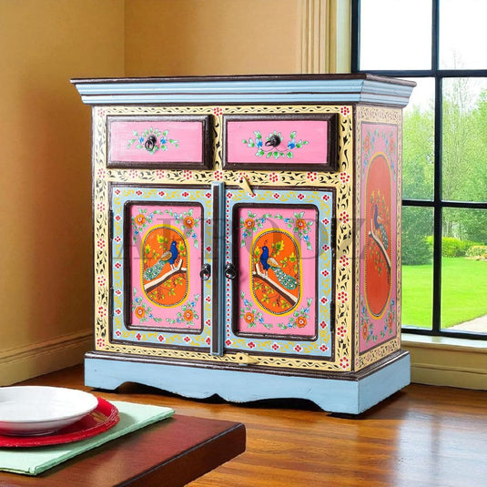 Translation missing: en.Wooden Handpainted Storage Cabinet with 2 Drawer (Multicolor) 