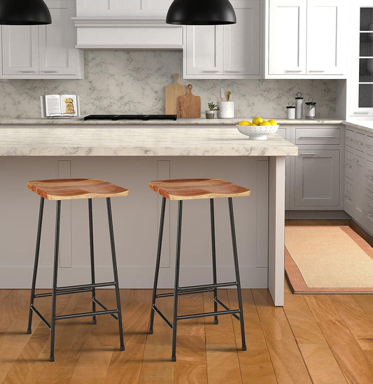 Jean Steel Frame Mango Wood Bar Stools – Set of 2 Naturally Stained Wooden Seats with Sturdy Black Metal Base for Kitchen, Bar & Dining Area
