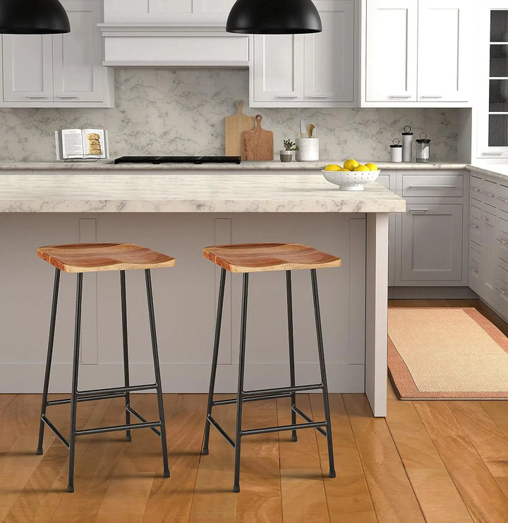 Translation missing: en.Jean Steel Frame Mango Wood Bar Stools – Set of 2 Naturally Stained Wooden Seats with Sturdy Black Metal Base for Kitchen, Bar &amp; Dining Area 