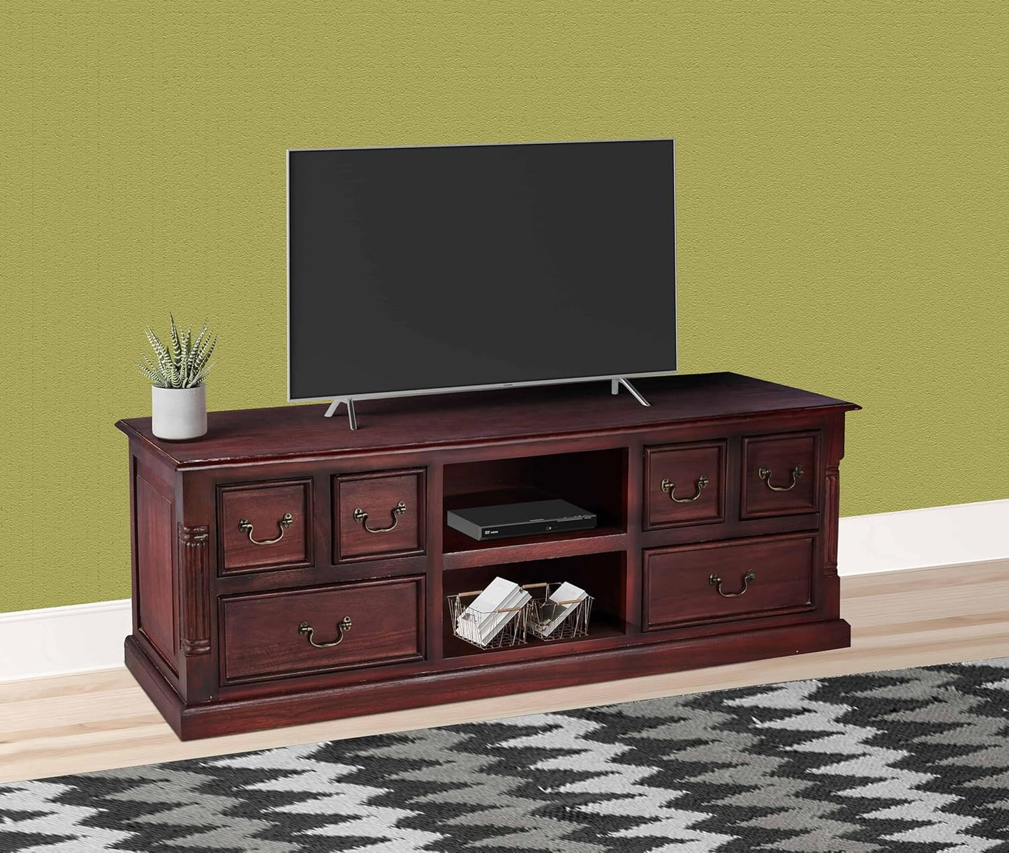 Mango Wood Entertainment 3 Door TV Stand Cabinet Unit for Living Room | Red Finish