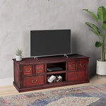 Mango Wood TV stand cabinet featuring a sleek design, multiple drawers, and an open shelf for media equipment.