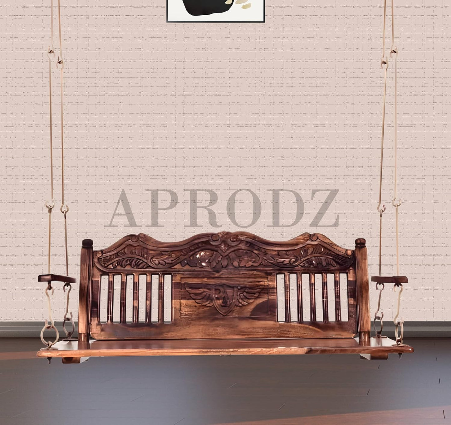 Wooden Swing Jhula with Brass Chain and Carving Eagle Designfor Indoor Outdoor & Balcony | House Swings for Adults (Honey Finish) 