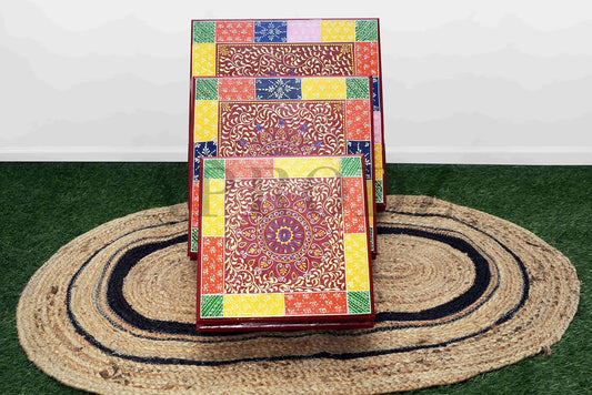 Handcrafted Multicolour Wood Carved Decorative Bajot Set Perfect for Pooja Mandir and Home Temple 