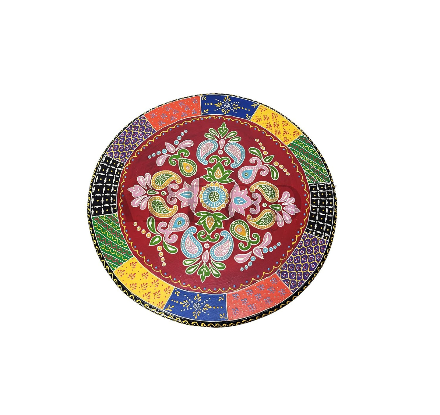 Wooden Handpainted Round Top Side Table Portabe Teal Coffee Table for Living Room (Multicolor)
