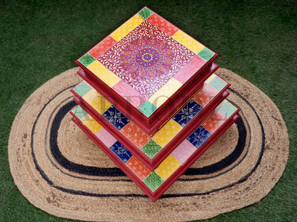 APRODZ Handpainted Bajot: Antique Design, Multipurpose Stool, Decorative Pooja Mandir Stand