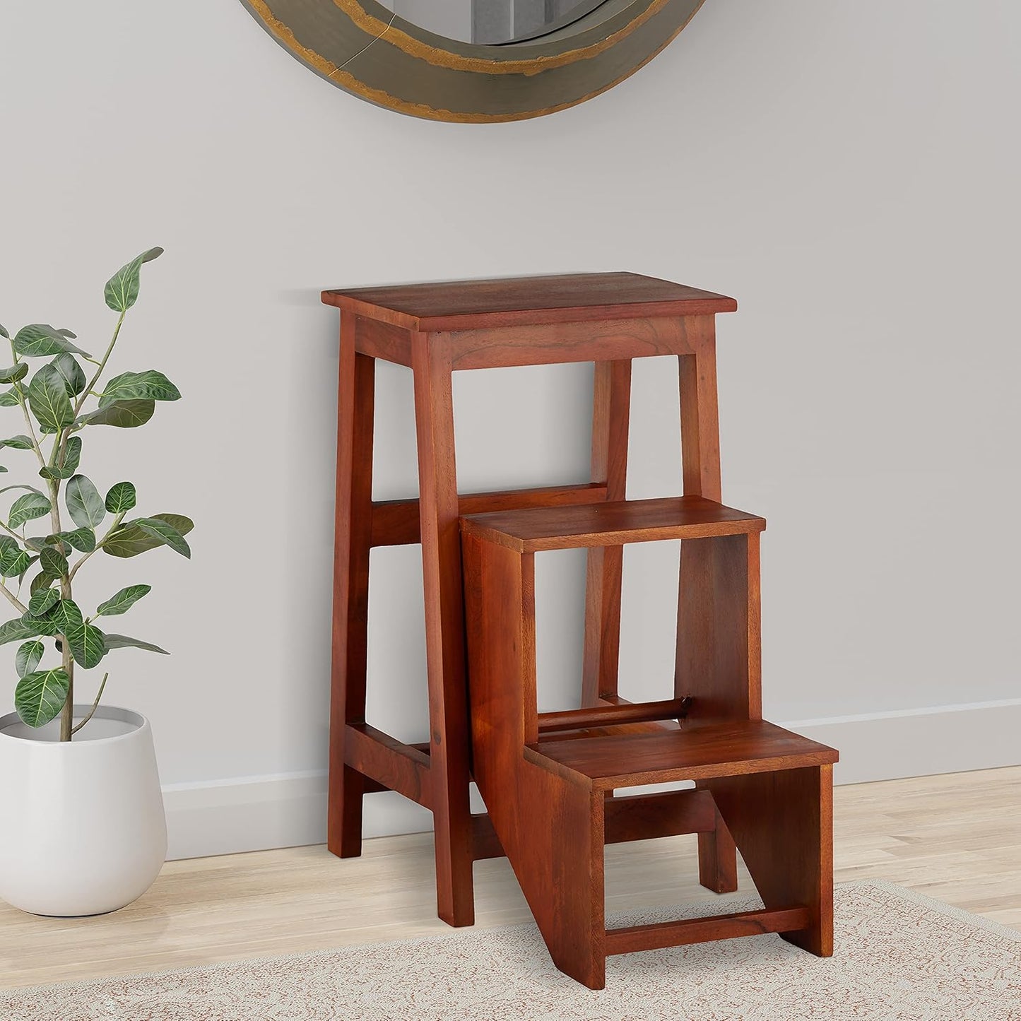 Mango Wood Folding Step Side End Table for Home | Stap Stool Table | Dark Brown 