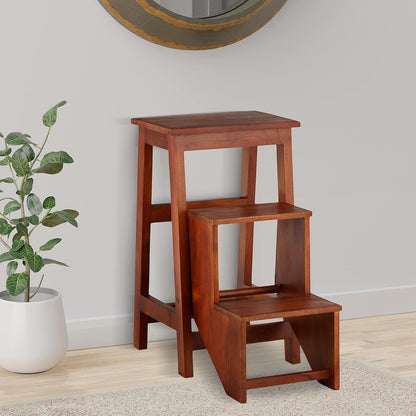 Mango Wood Folding Step Side End Table for Home | Stap Stool Table | Dark Brown 