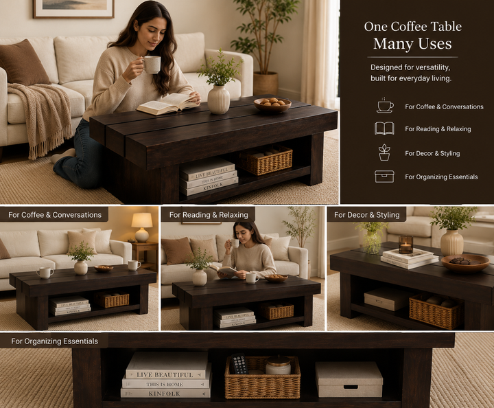 Translation missing: en.Solid Sheesham Wood Coffee Table in Teak Finish | Rustic Plank-Top Center Table with Bottom Storage Shelf for Living Room &amp; Office Lounge | Heavy Duty Wooden Tea Table 