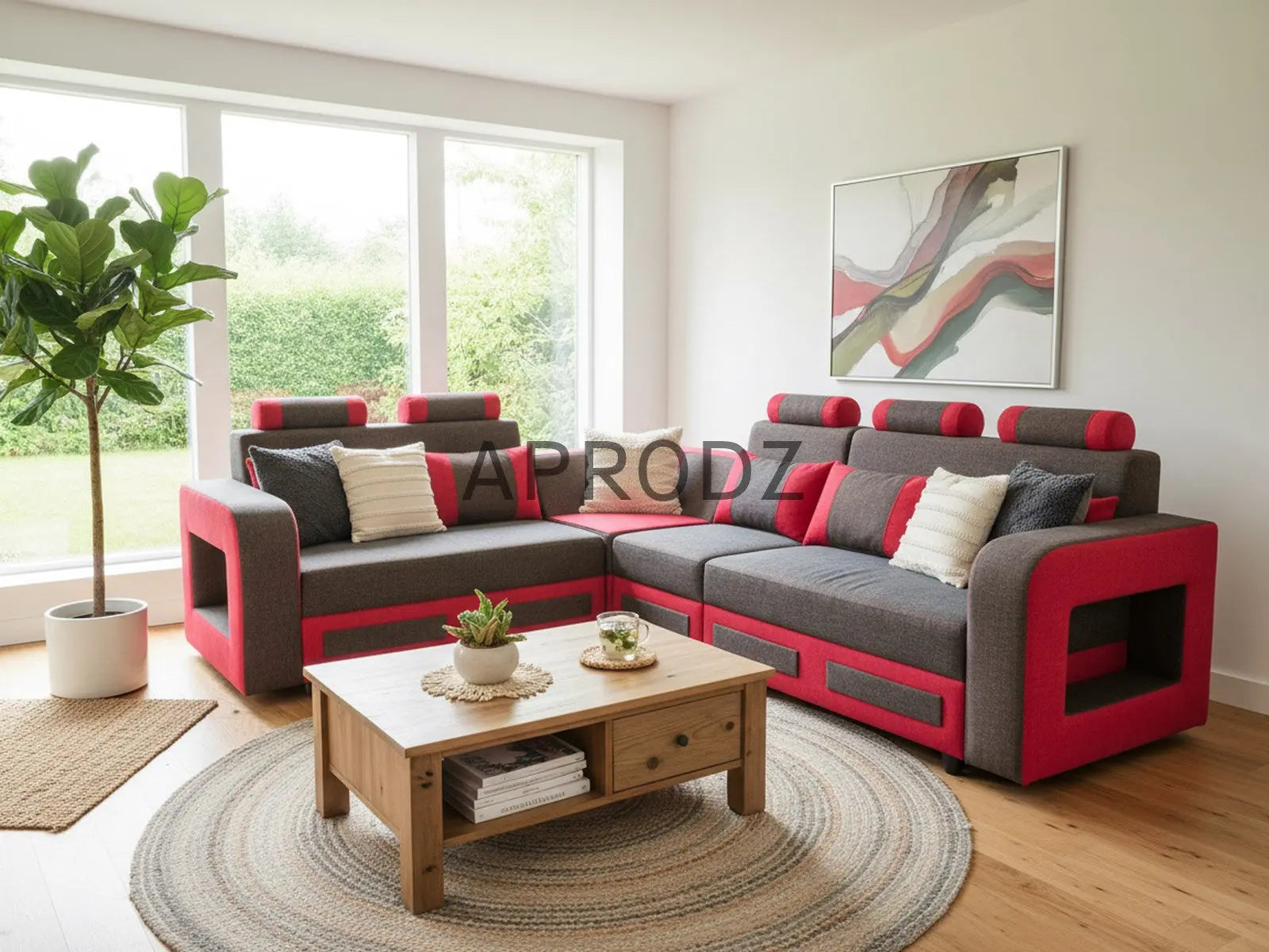 L-Shaped Sectional 6-Seater Sofa with Padded Armrest, Perfect Fabric Corner Sofa for Guests Living Room, Drawing Room, Office & Lounge (Grey/Red) 