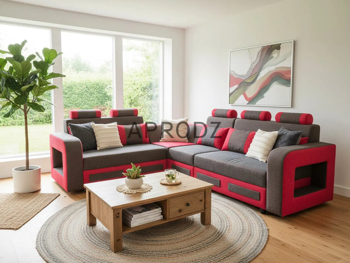 Translation missing: en.L-Shaped Sectional 6-Seater Sofa with Padded Armrest, Perfect Fabric Corner Sofa for Guests Living Room, Drawing Room, Office &amp; Lounge (Grey/Red) 